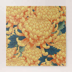 Quebra-cabeça crisântemos japoneses: padrão floral amarelo.