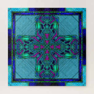 Quebra-cabeça Cruz Celta em Vidro Colorido Azul e Aquamarine