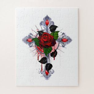 Quebra-cabeça Cruz de Prata com Rosa vermelha