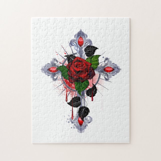 Quebra-cabeça Cruz de Prata com Rosa vermelha (Vertical)