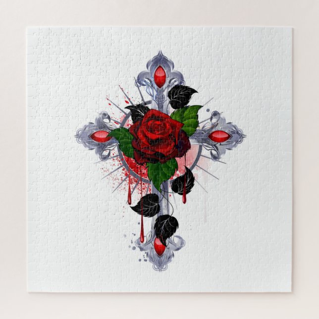 Quebra-cabeça Cruz de Prata com Rosa vermelha (Vertical)