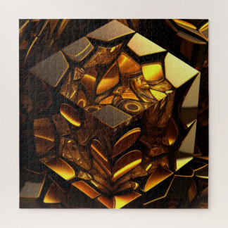 Quebra-cabeça Cubo 3D renderizado âmbar e ouro