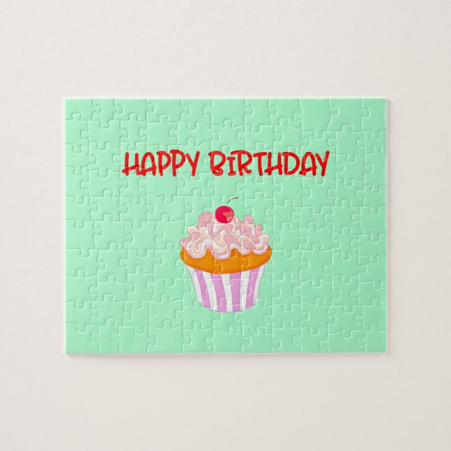 Quebra-cabeça Cupcake delicioso do feliz aniversario no verde (Horizontal)