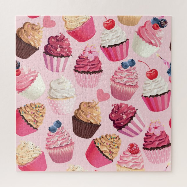 Quebra-cabeça Cupcakes Rosa Pastel: Padrão Vintage. (Vertical)