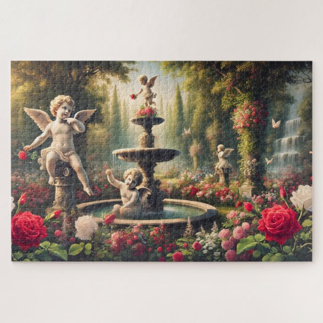 Quebra-cabeça Cupid's Garden Cherub and Rose Romantic Artwork (Horizontal)