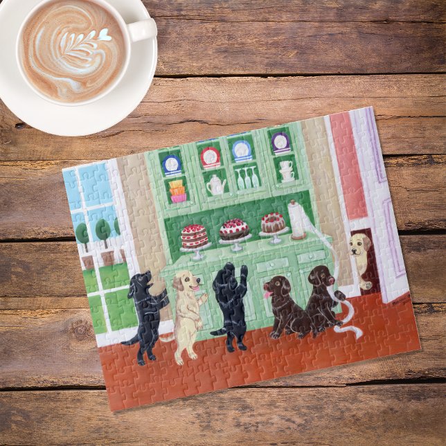 Quebra-cabeça Cuppies Labrador de Bordo (Cupboard Labrador Puppies Jigsaw Puzzle featuring Lab Puppies in action in the kitchen.  )