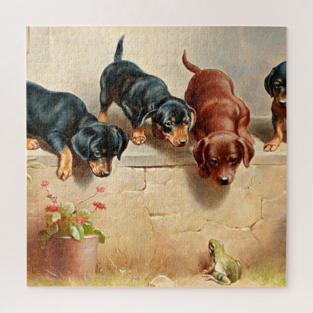 Quebra-cabeça Curioso Dachshund Puppies e um Sapo, pintura (Vertical)