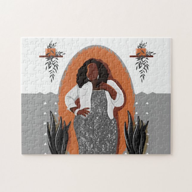 Quebra-cabeça Curva, Mulher Negra, Plantas Domésticas, Laranja e (Horizontal)