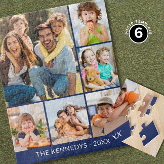 Quebra-cabeça Custom 6 Photo Collage Family Name Minimalist Blue