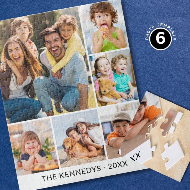 Quebra-cabeça Custom 6 Photo Collage Family Name Simple White (Criador carregado)