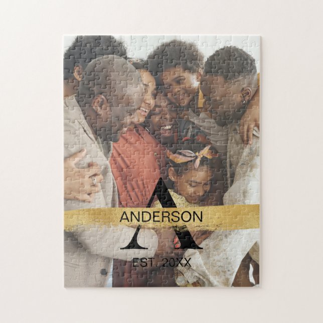 Quebra-cabeça Custom Family Photo Gold Monogram Name Personalize (Vertical)