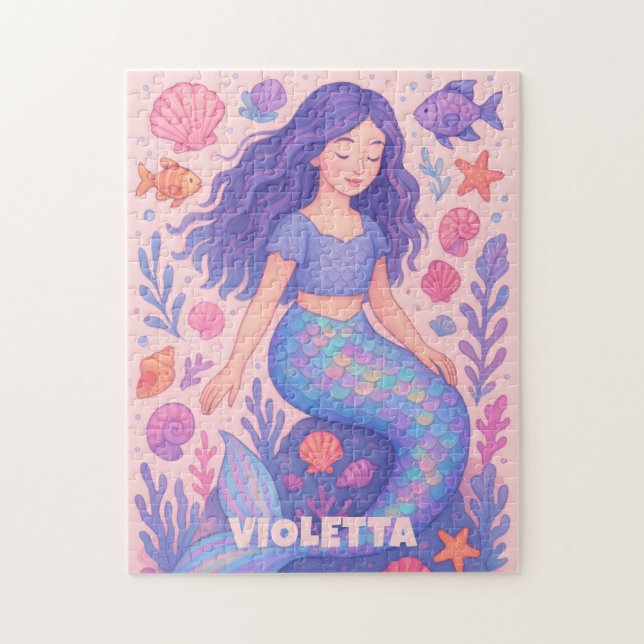 Quebra-cabeça Custom Mermaid Puzzle with Name & Ocean Shells (Vertical)