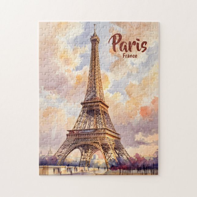 Quebra-cabeça Custom Text Watercolor Eiffel Tower Sunset Travel (Vertical)