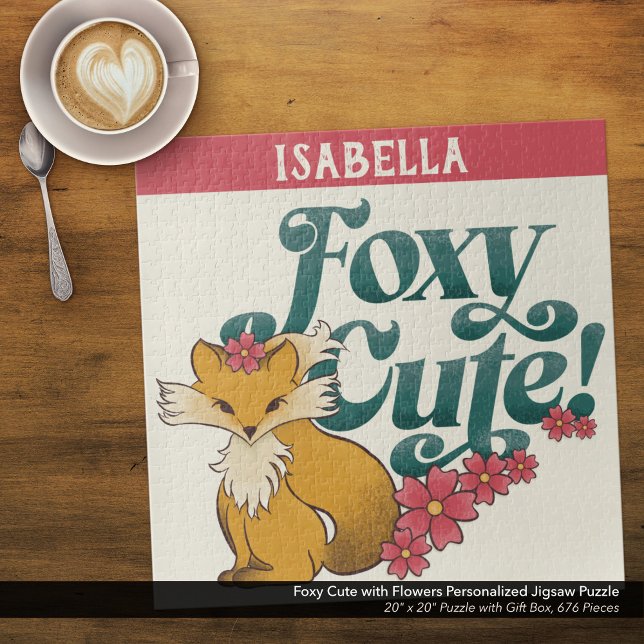 Quebra-cabeça Cuta Foxy com Flores Personalizadas ("Foxy Cute" Personalized Jigsaw Puzzle with Original Hand Drawn Fox and Flowers Artwork. 
)