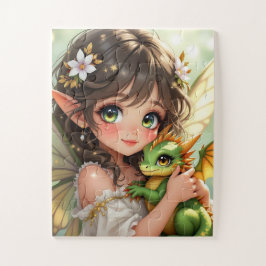 Quebra-cabeça Cute Anime Fairy and Chibi Dragon