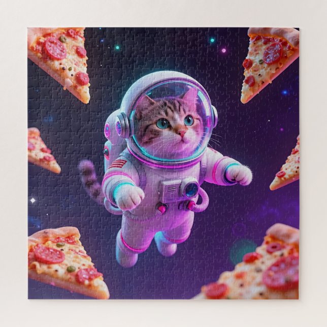 Quebra-cabeça Cute Astronaut Cat Floating Pizza Space Adventure (Vertical)