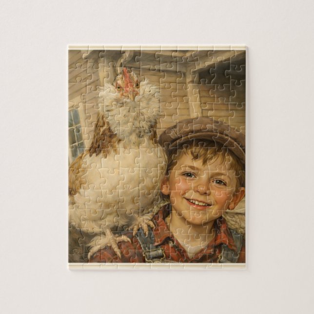 Quebra-cabeça Cute Boy With Chicken Jigsaw Puzzle (Vertical)