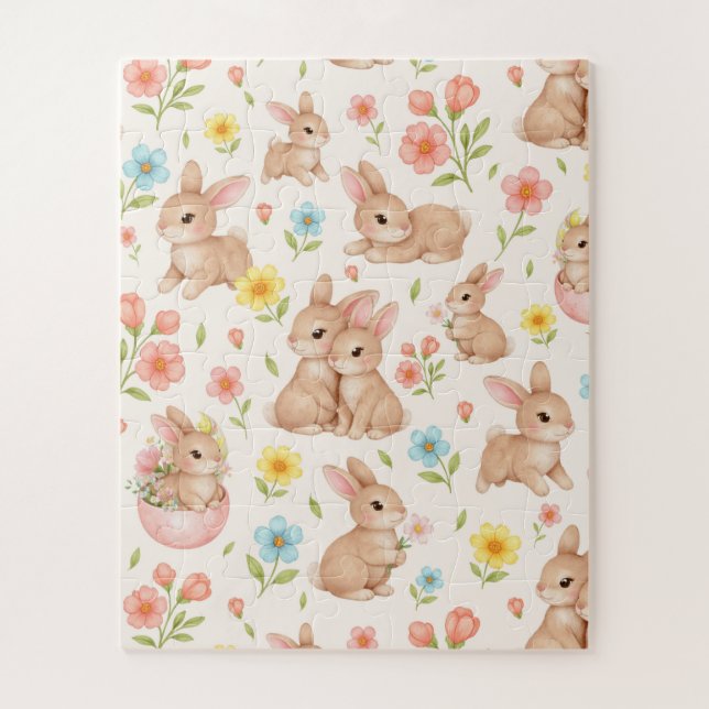 Quebra-cabeça Cute Bunny Floral Spring Pattern (Vertical)