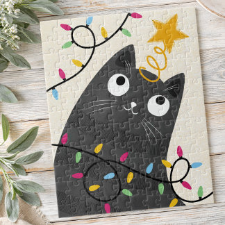 Quebra-cabeça Cute cat with lights and tree-topper Christmas