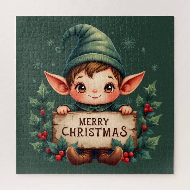 Quebra-cabeça Cute Christmas Elf Holding Merry Sign Green (Vertical)