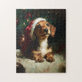 Quebra-cabeça Cute Dachshund Puppy Christmas Painting