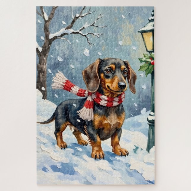 Quebra-cabeça Cute Dachshund Puppy Cozy Winter Scarf Art (Vertical)