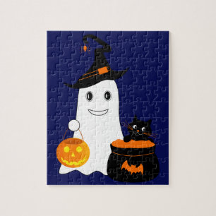 Quebra-cabeça Cute ghost with black cat celebrate halloween