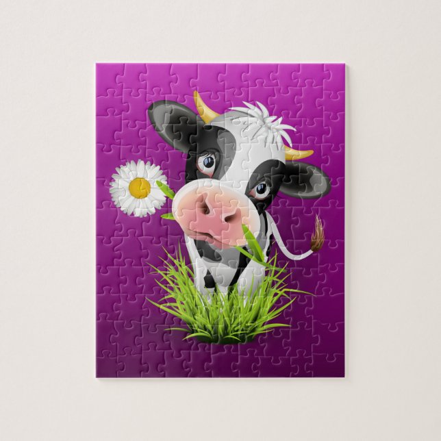 Quebra-cabeça Cute Holstein cow in grass over purple (Vertical)