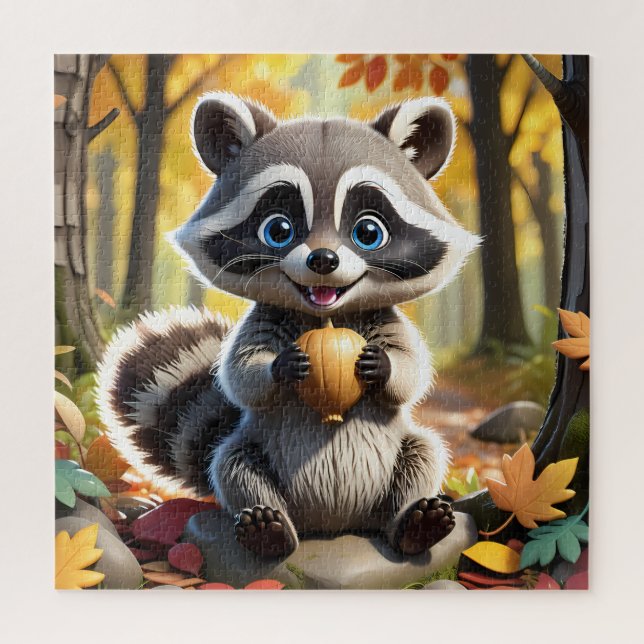 Quebra-cabeça Cute Kawaii style Racoon segurando uma bolota (Vertical)