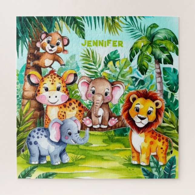 Quebra-cabeça Cute Kids Safari Selva Animal Personalizado Nome (Vertical)