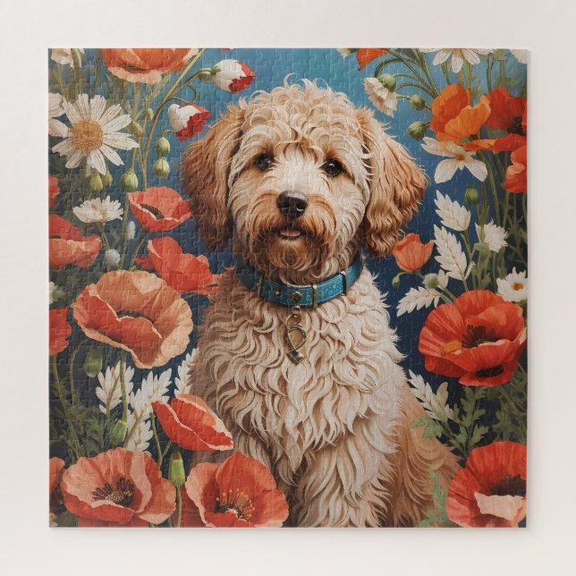 Quebra-cabeça Cute Labradoodle Daisy E Poppy Flower (Vertical)