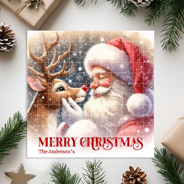 Quebra-cabeça Cute Santa Claus Rudolph Christmas Holiday   (Cute Classic Santa and Rudolph Christmas Jigsaw Puzzle)