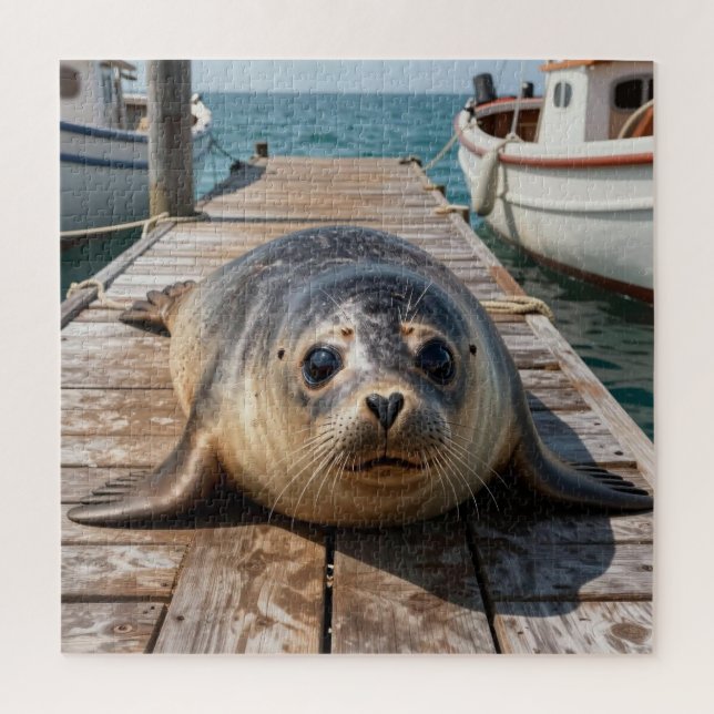 Quebra-cabeça Cute Seal Laying on Boat Dock Ocean Pier (Vertical)