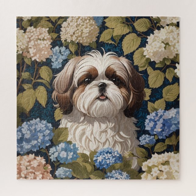 Quebra-cabeça Cute Shih Tzu Puppy Blue hydrangea flores (Vertical)