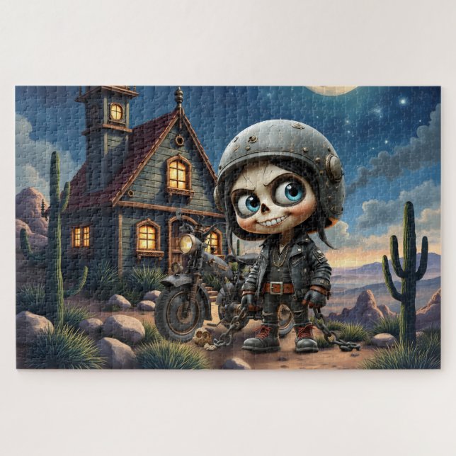 Quebra-cabeça Cute Skull Biker | Passeio ao Luar pelo Deserto (Horizontal)