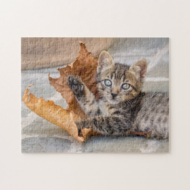 Quebra-cabeça Cute Tabby Cat Kitten Playing With a Leaf - (Horizontal)
