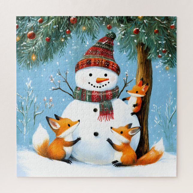 Quebra-cabeça Cute Winter Woodland Snowman Foxes (Vertical)