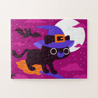 Quebra-cabeça Cute Witch Cat Flying on Broom Halloween Kawaii