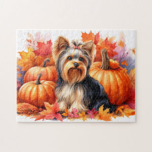 Quebra-cabeça Cute Yorkie Terrier Autumn Leaves e Pumpkins