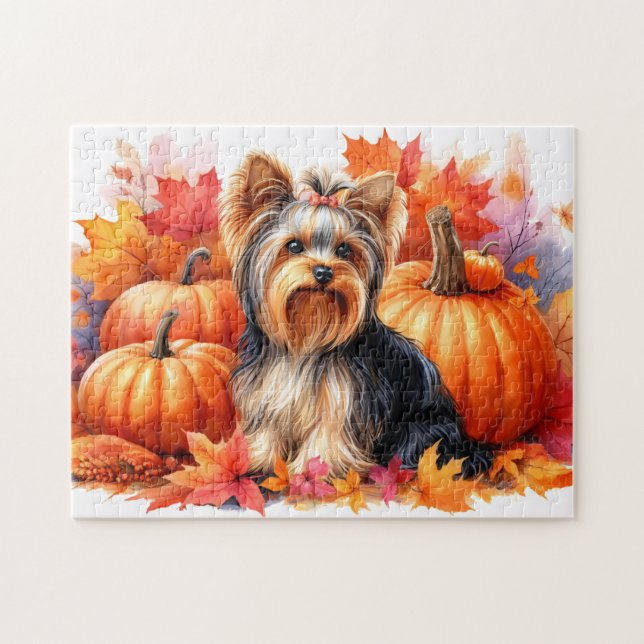 Quebra-cabeça Cute Yorkie Terrier Autumn Leaves e Pumpkins (Horizontal)