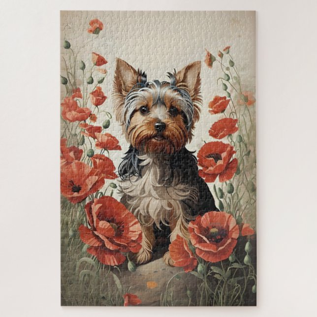Quebra-cabeça Cute Yorkshire Terrier Botanical Red Poppies (Vertical)