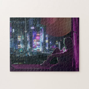 Quebra-cabeça cyberpunk city skyline girl scifi synwave