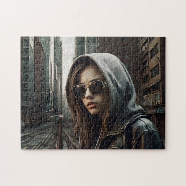 Quebra-cabeça Cyberpunk Girl Hoodie Dystopian (Horizontal)