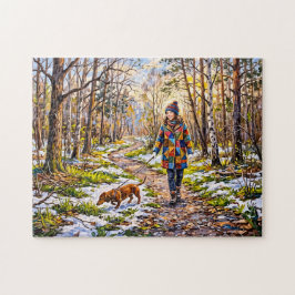 Quebra-cabeça Dachshund caminhando ao longo de uma trilha flores