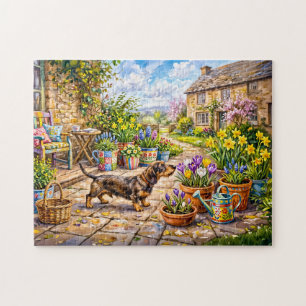 Quebra-cabeça Dachshund Caminhando por um Pátio Colorido de Flor