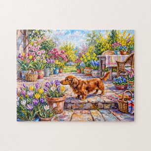 Quebra-cabeça Dachshund Caminhando por uma Primavera Colorida e