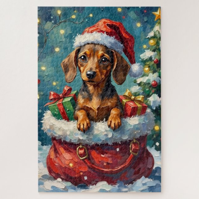 Quebra-cabeça Dachshund Christmas Santa Bag Adventure (Vertical)