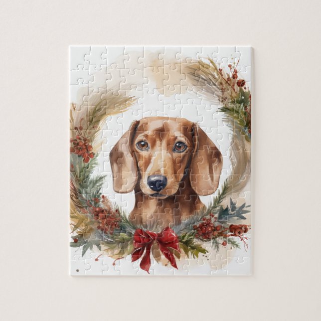 Quebra-cabeça Dachshund Christmas Wreath Festivo Pup (Vertical)