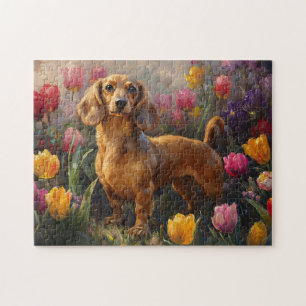 Quebra-cabeça Dachshund com pintura de Tulipas de Primavera