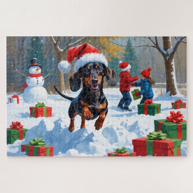 Quebra-cabeça Dachshund Correndo na Neve com Chapéu de Natal (Horizontal)